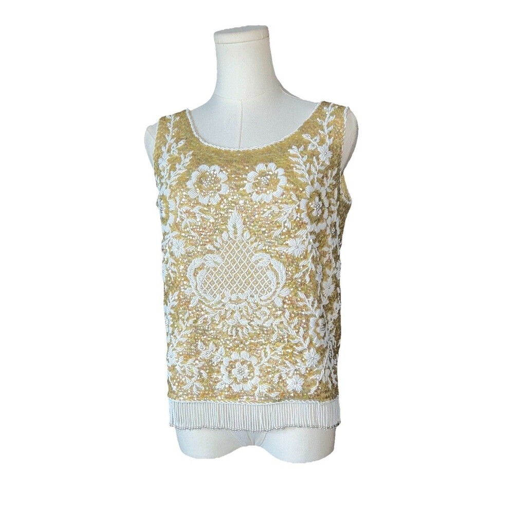 Vintage 60s Sammy Wong Hand Beaded Sequined Lambswool Top Fringe Yellow Small
